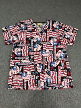 Tafford Womens Red White & Blue Stars Patriotic Short Sleeve V-Neck Scrub Top XL